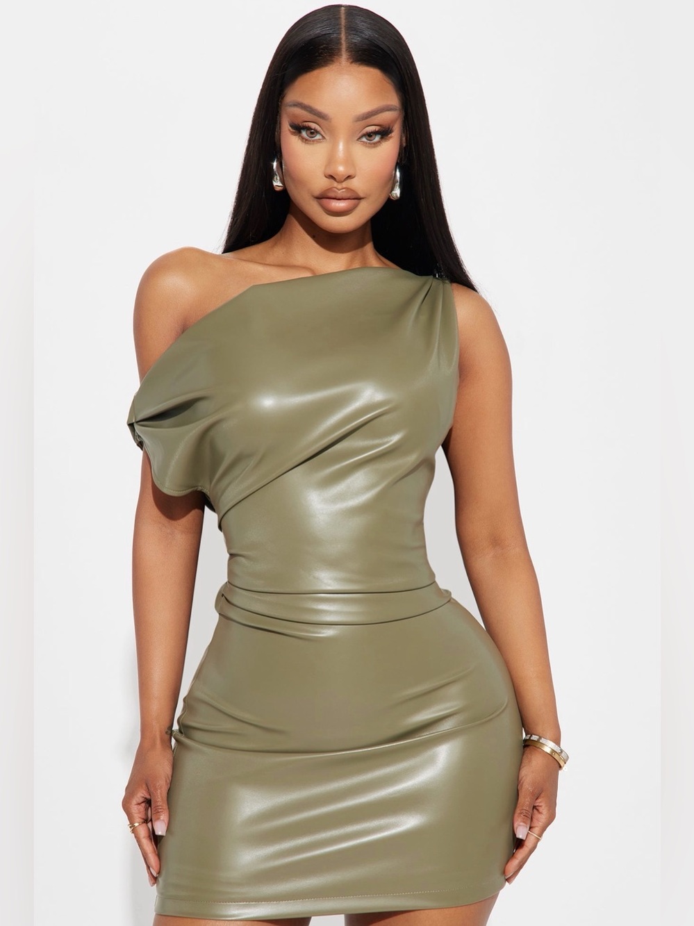 Fashion Nova Too Confident Olive One-Shoulder Faux Leather Mini XL - Picture 2 of 3